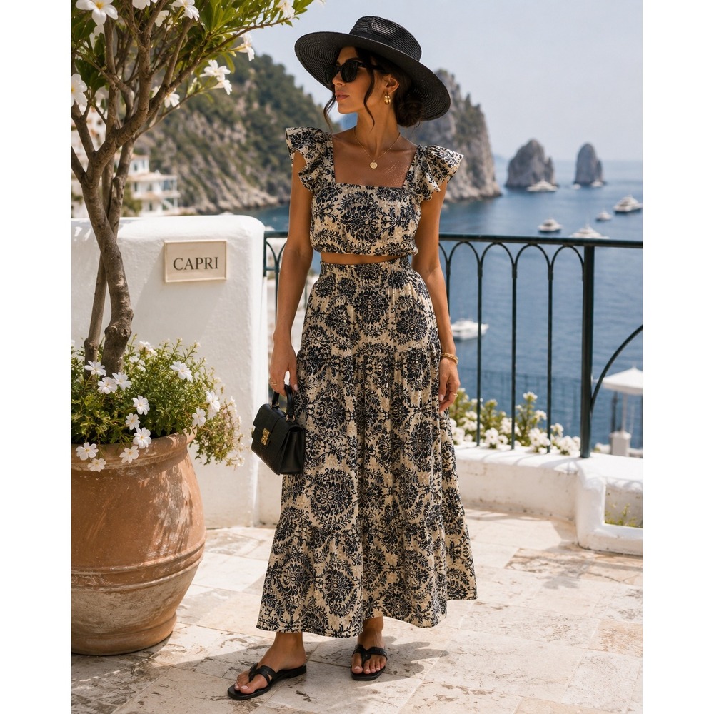 Two Piece Damask Floral Print Crop Top and Tiered Maxi Skirt Set Navy Beige M